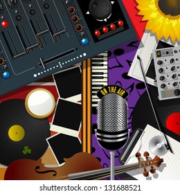 Music background with microphone, mixing console and violin, vector collage