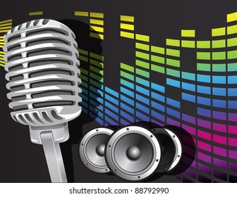 Music background with microphone and speakers, vector
