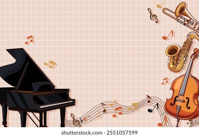 Music background with musical instruments on a pink background