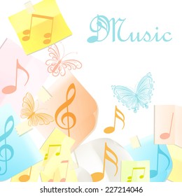 Music background with note paper, notes and butterflies
