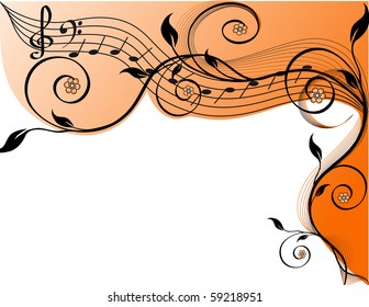 Music background with notes and flowers. vector illustration