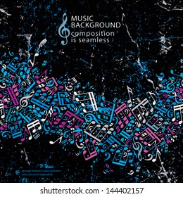 Music background with notes grunge texture and seamless horizontal composition, vector.