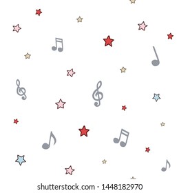 Music background with notes and symbols, colored seamless pattern backdrop. Wrapping paper texture
