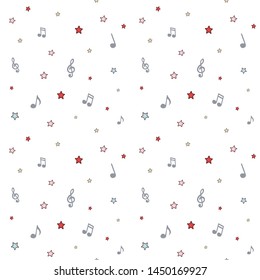 Music background with notes and symbols, colored seamless pattern backdrop. Wrapping paper texture