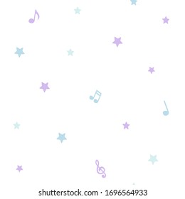 Music background with notes and symbols, colored seamless pattern backdrop. Wrapping paper texture