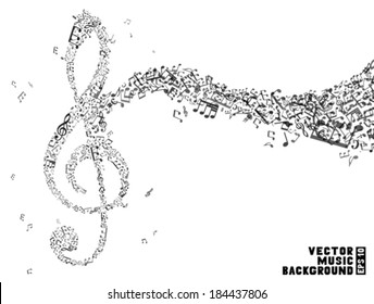 Music background. Music notes and treble clefs. Music wave background. Black and white vector illustration.