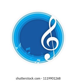 Music background with notes and violin key. Abstract circle banner. Vector illustration isolated on white. Paper art