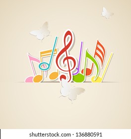 Music background with paper notes and butterflies