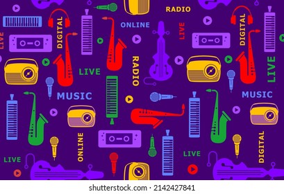 Musikhintergrund Muster , Pop-Art-Elemente, Symbol, Farben, Kunst, Retro-Boombox, Gitarre, Lautsprecher, Rock-Hand, Audio-Kassetten