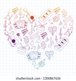 Music background for patterns. Vector illustration with musical instruments.