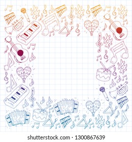 Music background for patterns. Vector illustration with musical instruments.