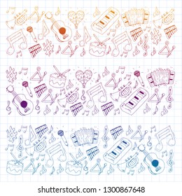 Music background for patterns. Vector illustration with musical instruments.