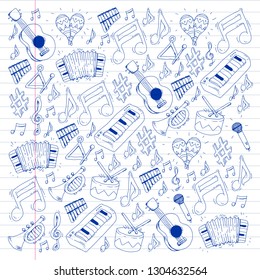 Music background for patterns. Vector illustration with musical instruments.