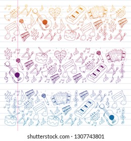 Music background for patterns. Vector illustration with musical instruments.