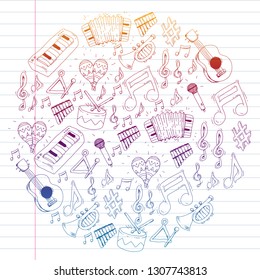 Music background for patterns. Vector illustration with musical instruments.