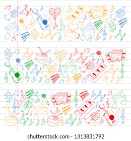 Music background for patterns. Vector illustration with musical instruments.