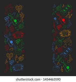 Music background for patterns. Vector illustration with musical instruments.