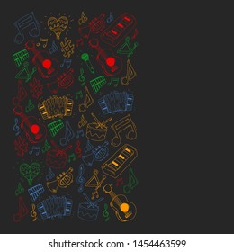 Music background for patterns. Vector illustration with musical instruments.