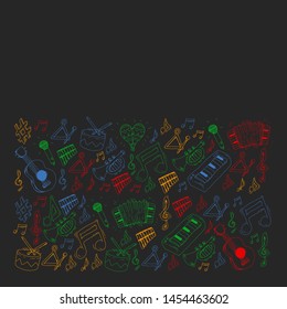 Music background for patterns. Vector illustration with musical instruments.