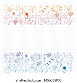 Music background for patterns. Vector illustration with musical instruments.