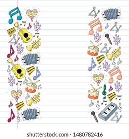 Music background for patterns. Vector illustration with musical instruments.