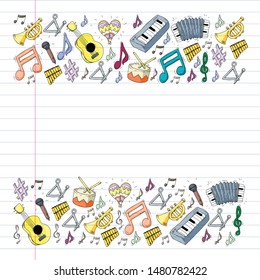 Music background for patterns. Vector illustration with musical instruments.