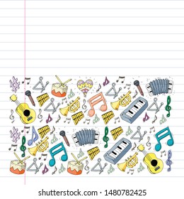 Music background for patterns. Vector illustration with musical instruments.
