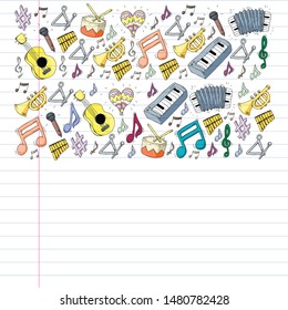 Music background for patterns. Vector illustration with musical instruments.