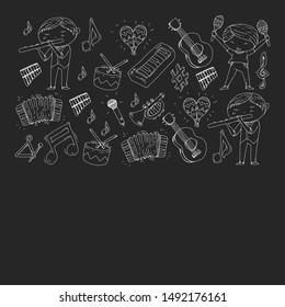 Music background for patterns. Vector illustration with musical instruments.