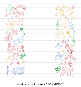 Music background for patterns. Vector illustration with musical instruments.