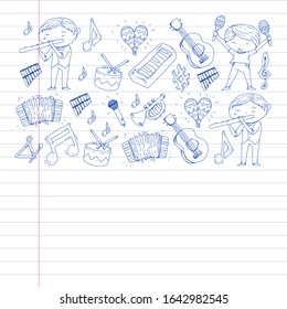 Music background for patterns. Vector illustration with musical instruments.