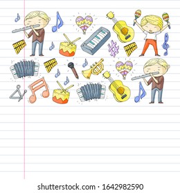 Music background for patterns. Vector illustration with musical instruments.