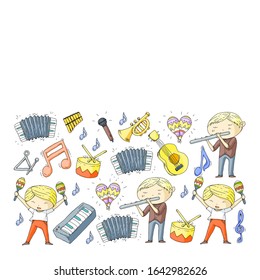 Music background for patterns. Vector illustration with musical instruments.
