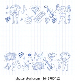Music background for patterns. Vector illustration with musical instruments.