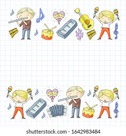 Music background for patterns. Vector illustration with musical instruments.