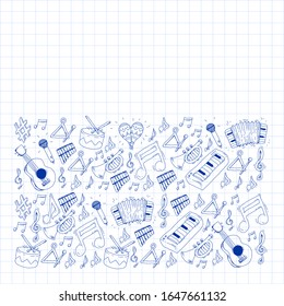 Music background for patterns. Vector illustration with musical instruments.
