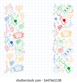 Music background for patterns. Vector illustration with musical instruments.