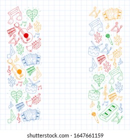 Music background for patterns. Vector illustration with musical instruments.