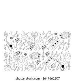 Music background for patterns. Vector illustration with musical instruments.