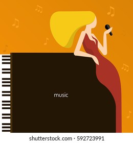 Music. Background with piano and the blond singer. Vector flat illustration