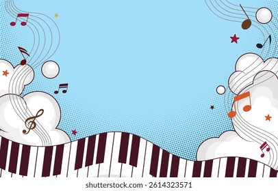 Music background with piano keyboard, notes and clouds