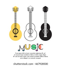 Music background, poster template, greeting card, invitation design background. Guitars on white background. Vector illustration.