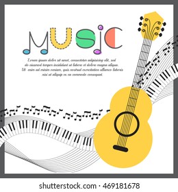Music background, poster template, greeting card, invitation design background. Guitar, notes and musical symbols on white background. Vector illustration.