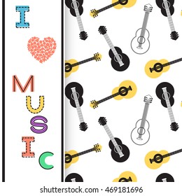 Music background, poster template, greeting card, invitation design background. Guitars, notes and musical symbols on white background. I love music card. Vector illustration.