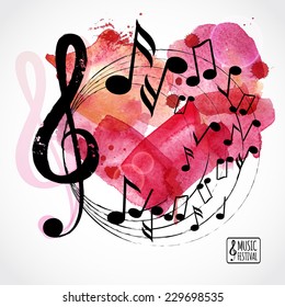 Fondo musical, plantilla de afiches. Corazón acuarela con notas musicales. Me encanta la tarjeta de música. Diseño de vectores. 