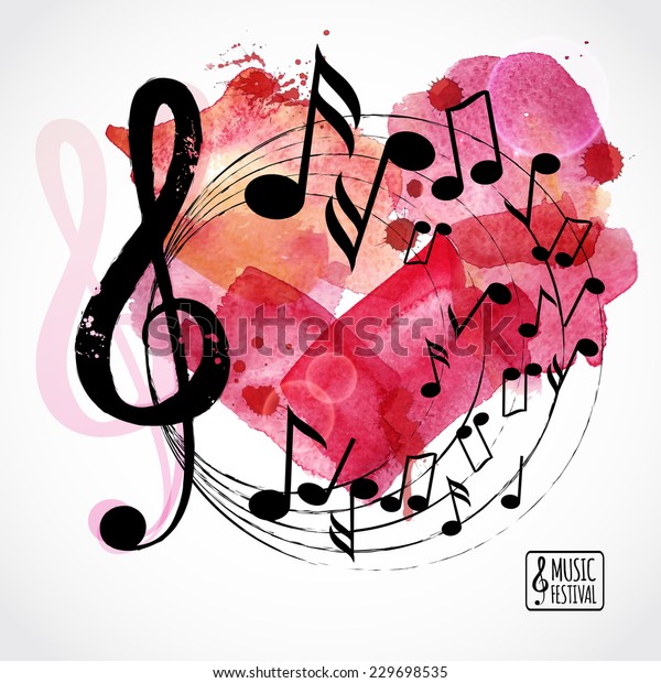 Music background, poster\
template. Watercolor heart with music notes. I love music card.\
Vector design. 