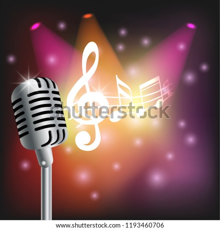 music background realistic microphone on bright background notes spotlight light