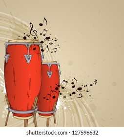 Music background with red drums and notes