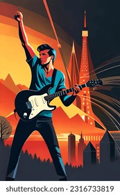 Music background. Rock musician with a guitar. Retro style. Pop Art.