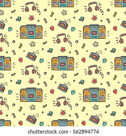 Music background. Seamless pattern with Hand drawn doodle Retro Musical Equipment